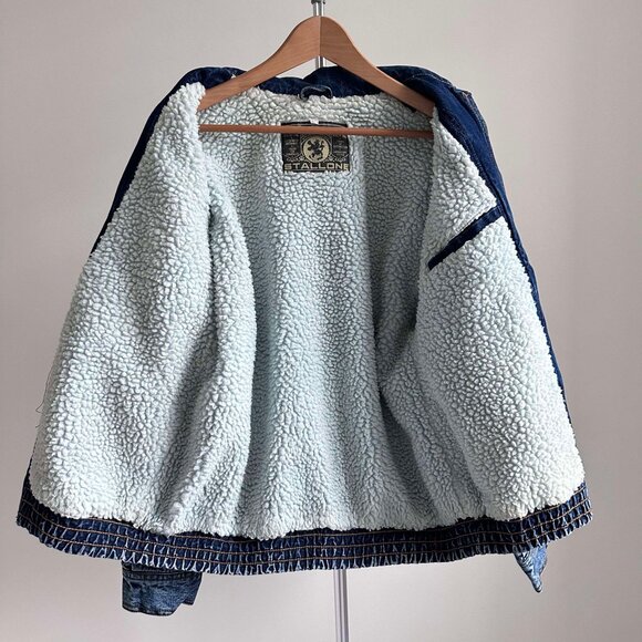 EUC Vintage Stallone Denim Bomber Jacket with Fur Lining, Size L - Picture 3 of 4